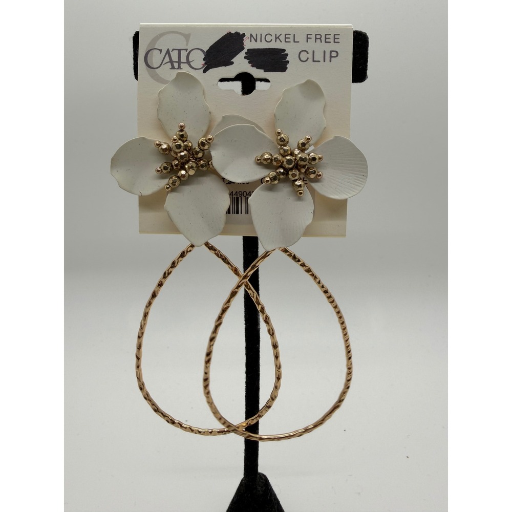 Cato White Flower Gold Teardrop Hoop Clip On Earrings Nickel Free Statement
